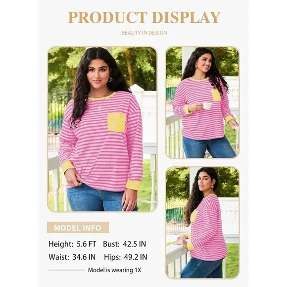 Plus Size Cozy Crewneck Long Sleeve Striped T-Shirt with Pocket for Women - Picture 3 of 5